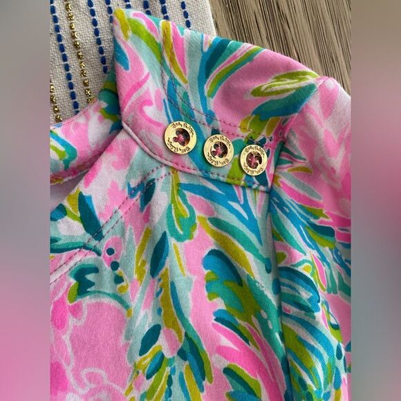 Lilly Pulitzer Multicolor Dress Sz L Gold Button Shoulder & Cuff Accents Stretch - Picture 6 of 10